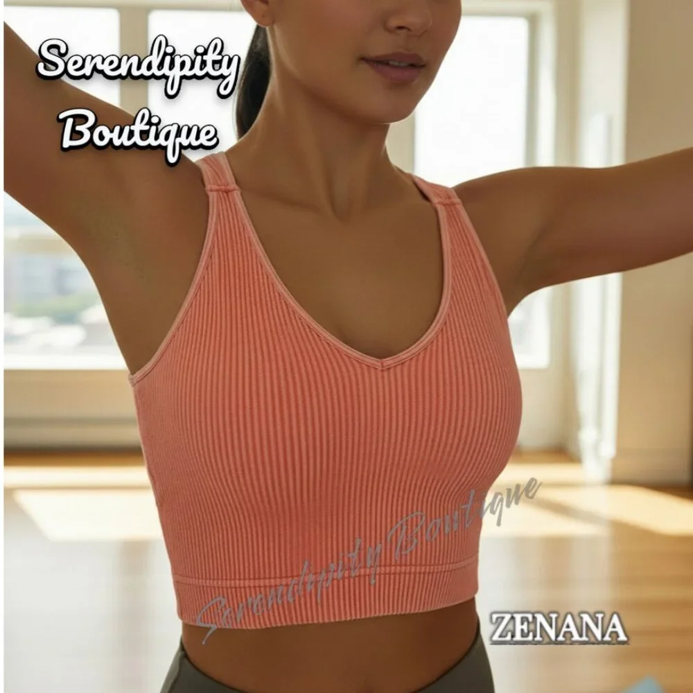 Zenana Soft Very Stretchy Coral Orange Mineral Wash V Neck Yoga Tank Bralette